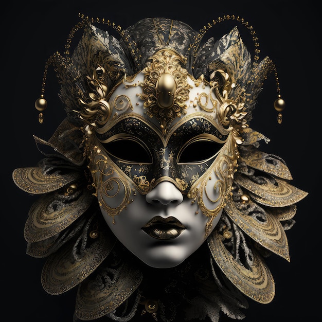 A gold and black mask with gold and white designs and a floral design.