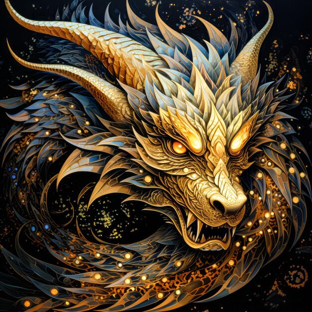 Photo gold black metal dragon mandala illustration