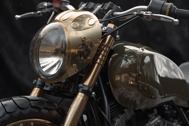 A gold and black motorcycle with the word harley on the front.