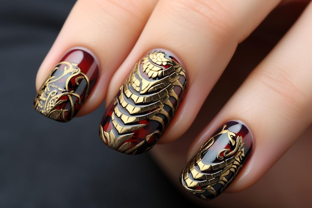 a gold and black nail art design with gold and red