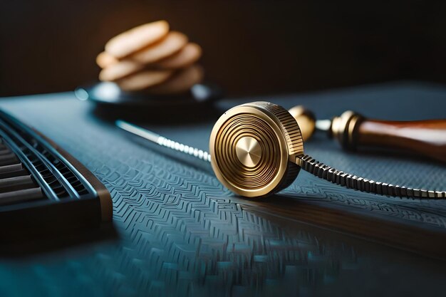 Foto un telefono oro e nero con un pulsante dorato e un cavo nero.