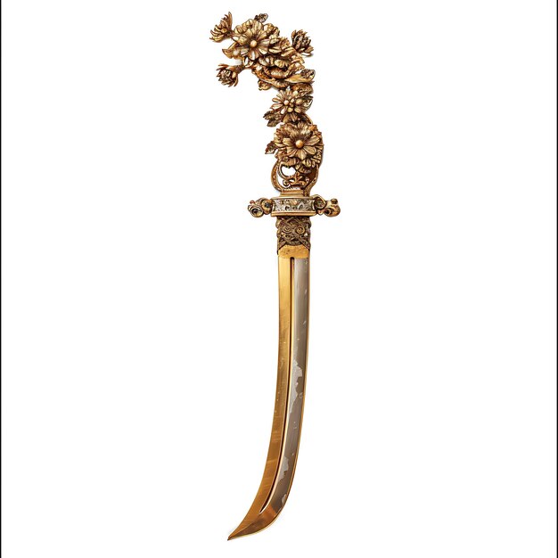 Photo a gold and black picture of a sword with a flower on it