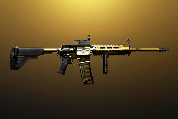 A gold and black rifle with a black background