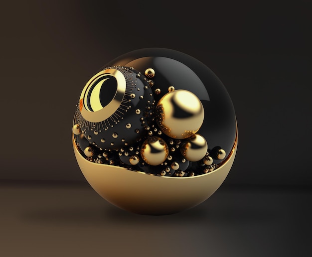 Gold and black sphere on black background. Generative ai