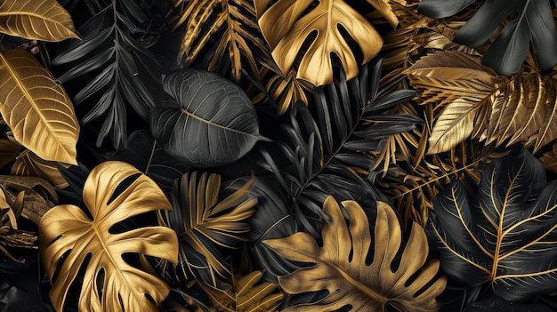 황금색 과 검은색 의 열대 잎 의 질감