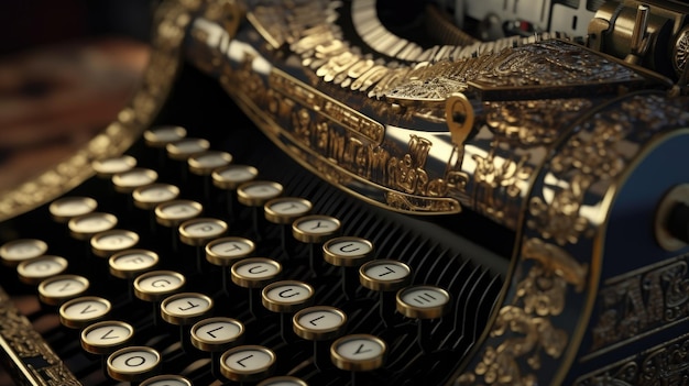 A gold and black typewriter with a pin on the top.