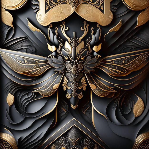 金と黒の壁の蝶の彫刻