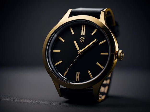 A gold and black watch with the time of 12 : 00 on the face.