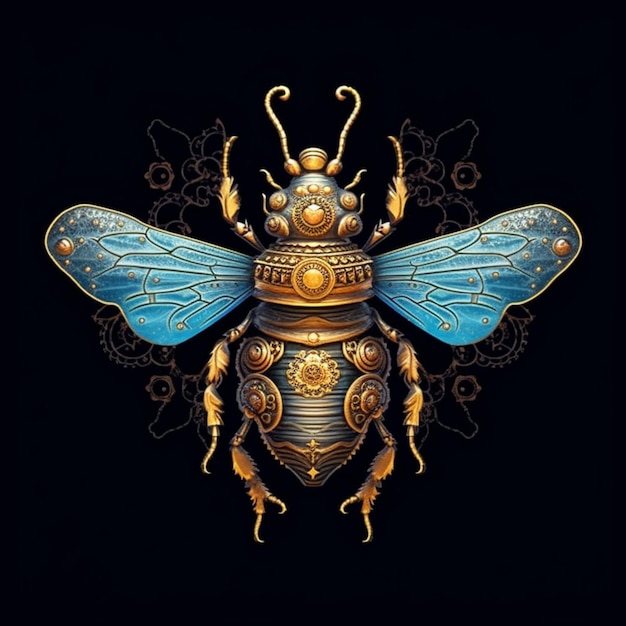 a gold and blue bee with ornate wings on a black background generative ai