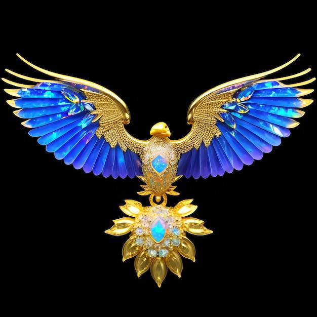 A gold and blue bird with blue wings and a flower on the bottom