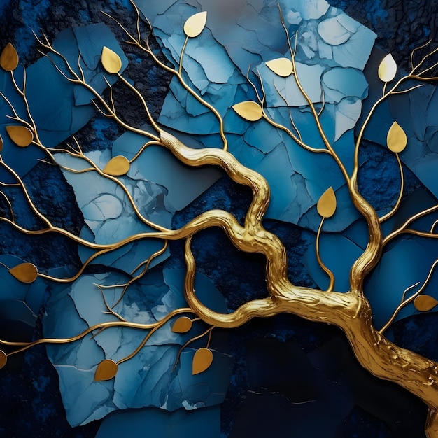 Gold and blue branch with a stone background ai generated