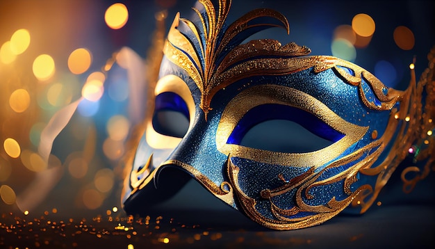 Gold blue carnival Venetian mask masquerade disguise party gold blur bokeh Background Generative AI