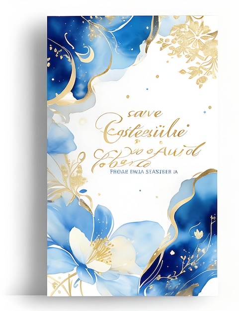 Photo gold and blue celestial floral invitation