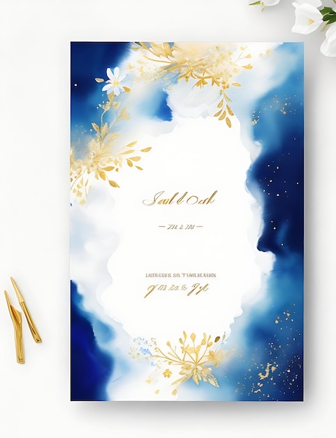 Gold and Blue Celestial Floral Invitation