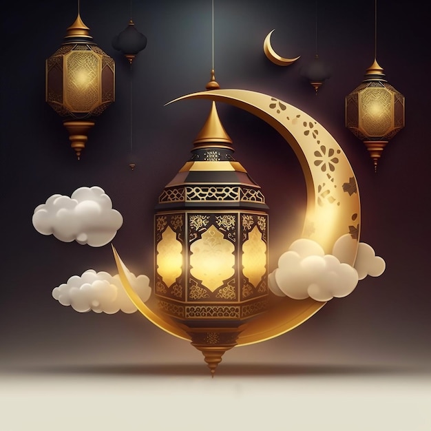 A gold and blue crescent moon and a lamp with the words ramadan on it.