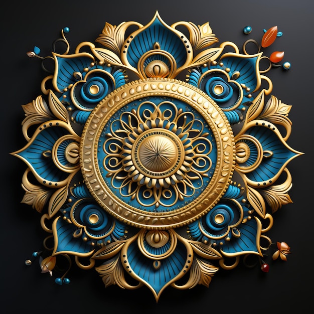 a gold and blue design with a gold circle and a red bird on it