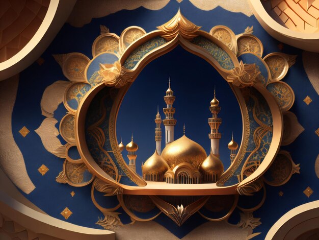 A gold and blue dome with a mosque in the middle.