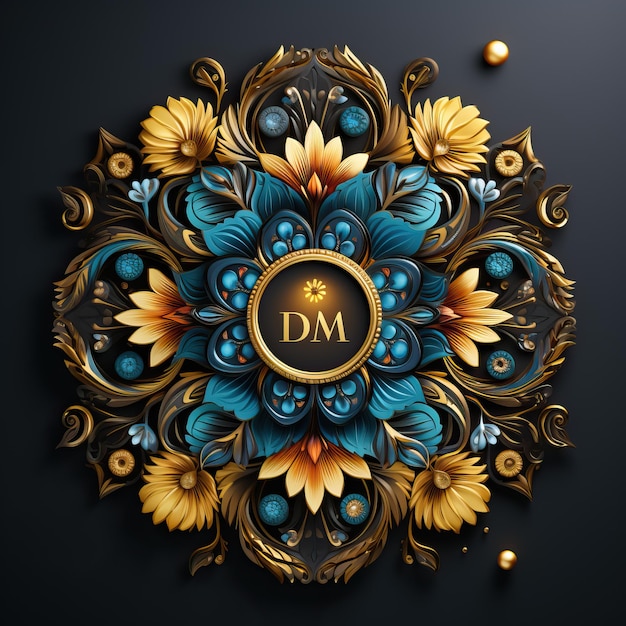 Photo a gold and blue floral design with the word d on it