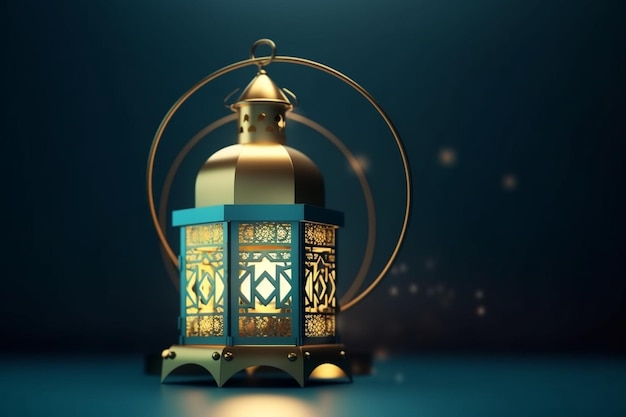 A gold and blue lantern with the word ramadan on it