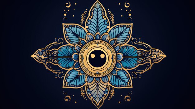 A gold and blue mandala with a circle of gold.