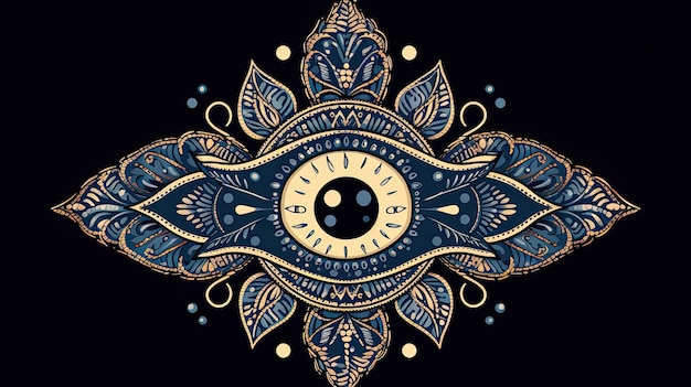 A gold and blue mandala with a circle in the middle.