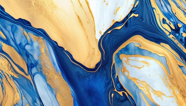 Gold and blue marbling abstract watercolor paint texture imitation.