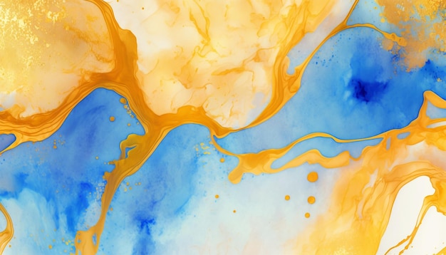 Gold and blue marbling abstract watercolor paint texture imitation.