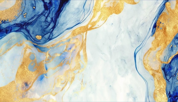 Gold and blue marbling abstract watercolor paint texture imitation.