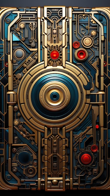 a gold and blue metal surface with red and blue circles