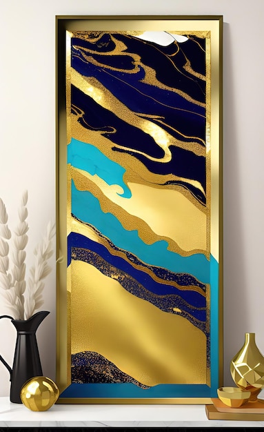 A gold and blue mirror with a black frame.