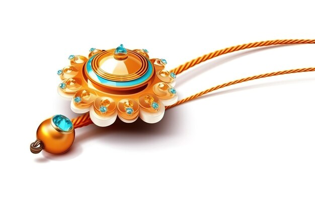 A gold and blue necklace with a flower design and a blue gem.