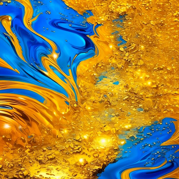 Foto un dipinto oro e blu con schizzi di vernice dorata al centro