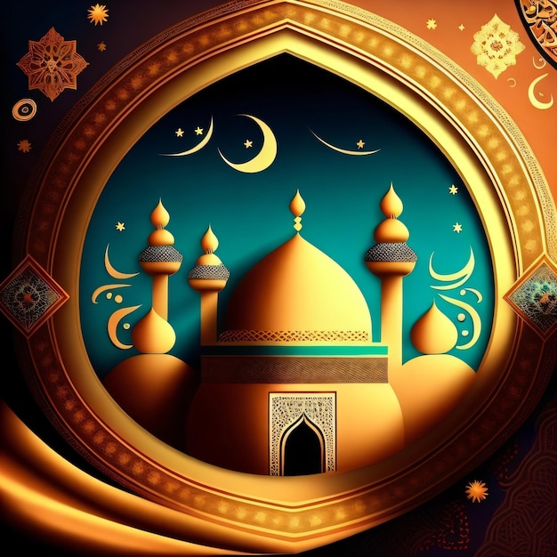 A gold and blue picture of a mosque with a moon and stars.