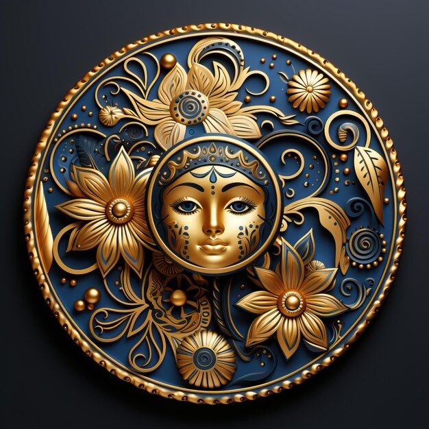 A gold and blue plate with a sun in the middle