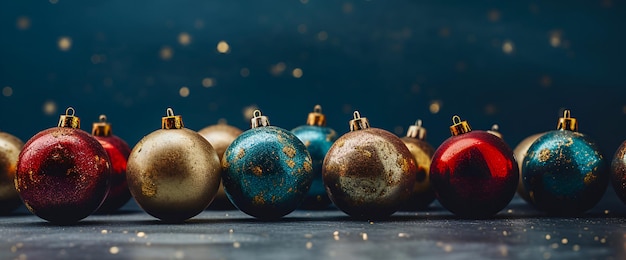 Gold blue and red Christmas balls on a dark background with bokeh Banner