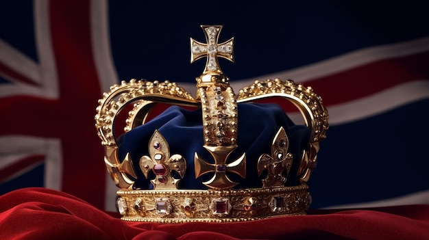 Gold and blue royal crown on red waving cloth United Kingdom flag background