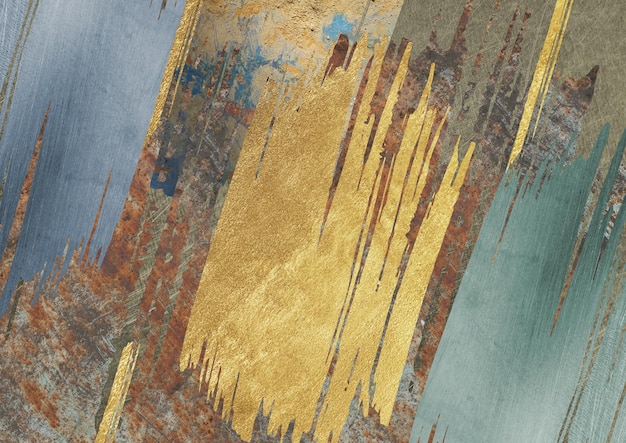 A gold and blue wallpaper with a gold leaf pattern.