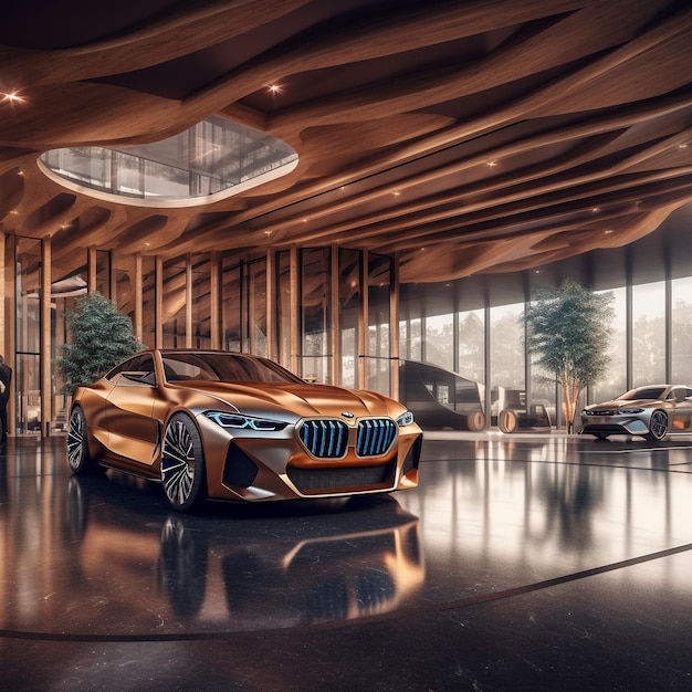 A gold bmw car is in a showroom with a large glass ceiling.