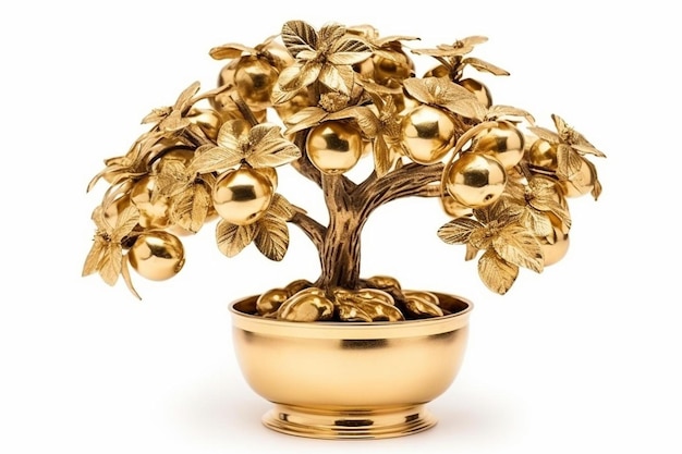 a gold bonsai tree is in a gold vase with gold flowers.