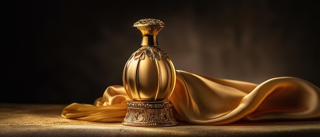 A gold bottle of perfume sits on a table next to a silk cloth.