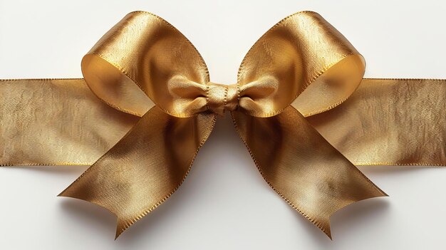 A gold bow with a ribbon on a white background