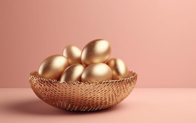 A gold bowl of eggs on a pink background