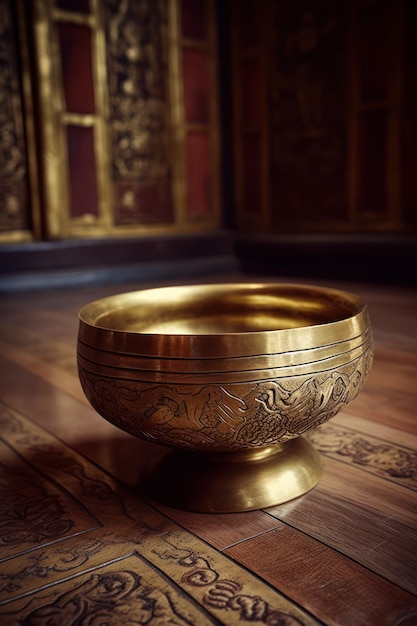 A gold bowl on the floor of a temple