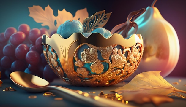 A gold bowl with blue grapes in it