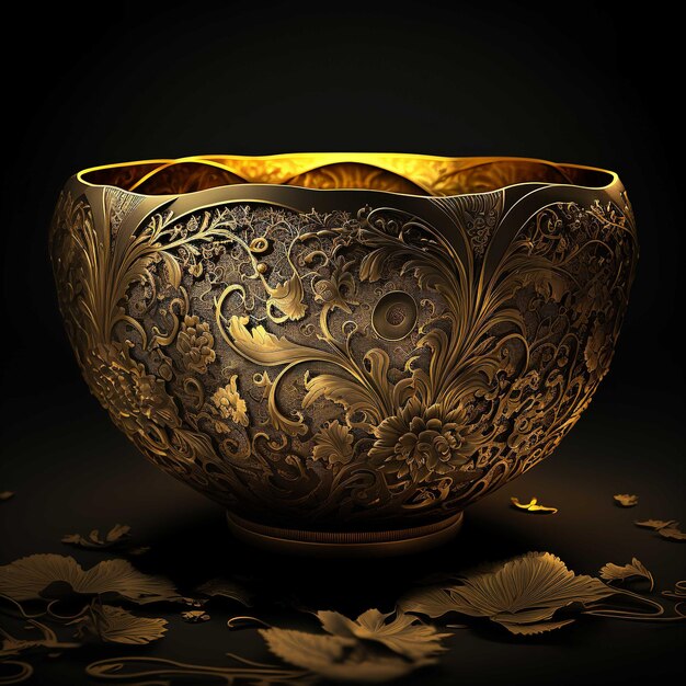 A gold bowl with a floral pattern art