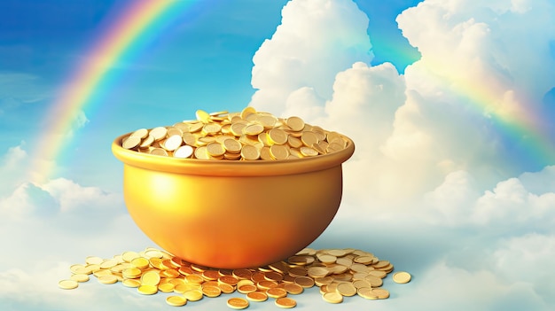 Foto una ciotola d'oro con monete d'oro e un arcobaleno sullo sfondo
