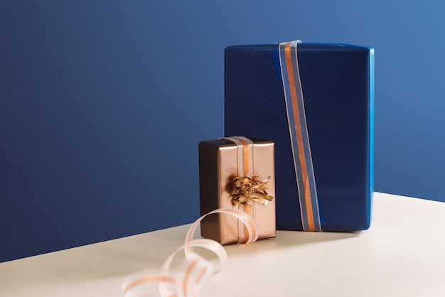 Gold box and blue box gifts on Christmas day X-mas gifts