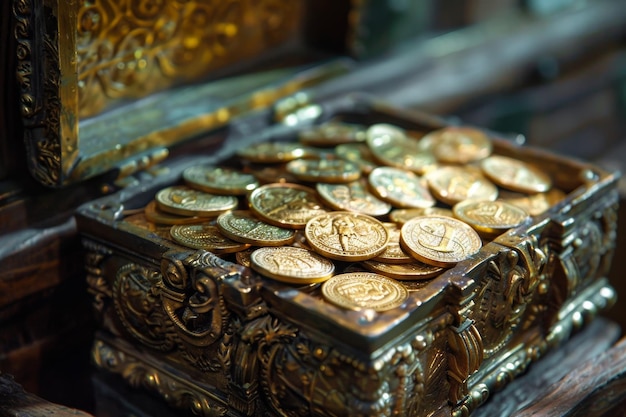 A gold box filled with gold coins