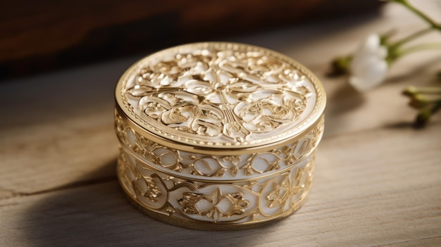 A gold box with a floral design on it