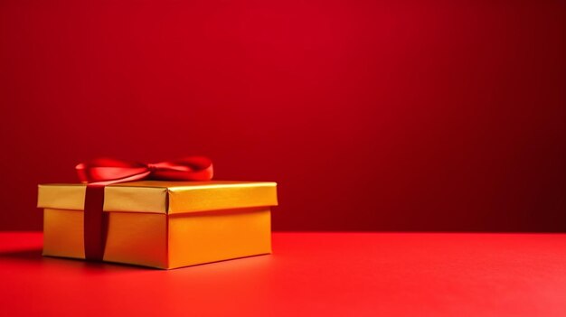 A gold box with a red ribbon on it and a red background.